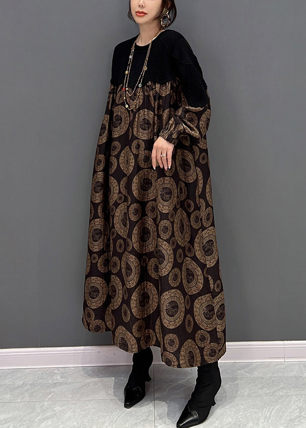 Loose Brown O-neck Patchwork Dot Print Maxi Dress Fall