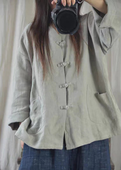 Oversized Chinese Button Pockets Linen Shirt Fall