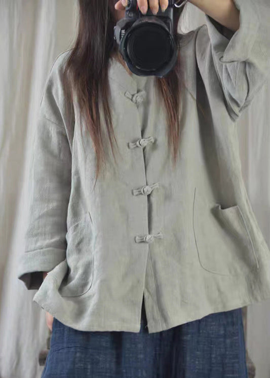 Oversized Chinese Button Pockets Linen Shirt Fall