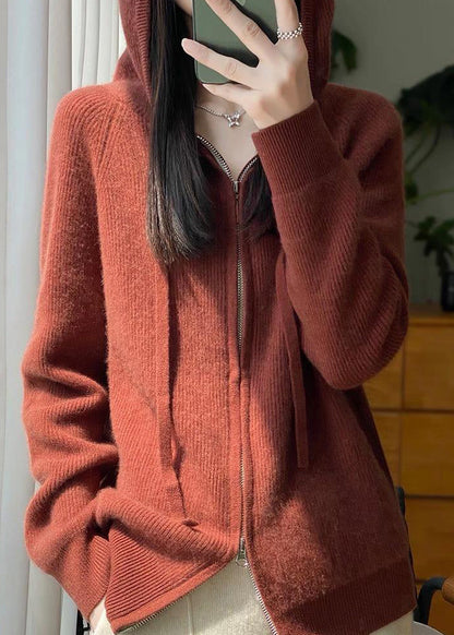 Pink Hooded Zip Up Wool Knit Coat Fall