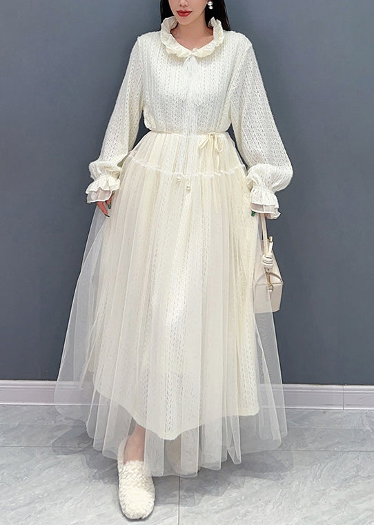 White Ruffled Tulle Lace Dresses Long Sleeve