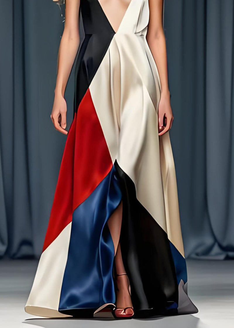 Colorblock V Neck Silk Spaghetti Strap Party Dress Sleeveless
