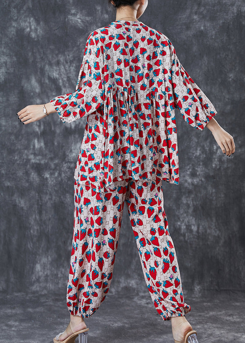 Khaki Oversized Strawberry Print Cotton Two Pieces Set Summer