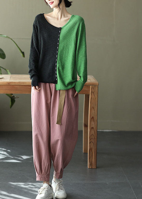 Colorblock O-neck Oversized Patchwork Knit Tops Spring