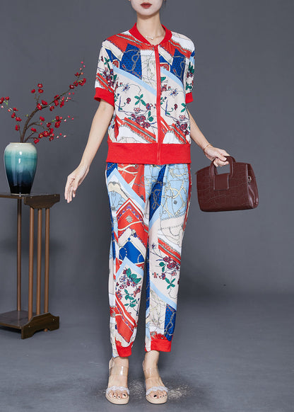 Zip Up Print Spandex Two Pieces Set Fall
