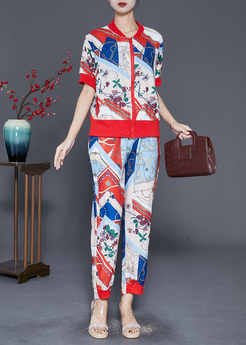 Zip Up Print Spandex Two Pieces Set Fall