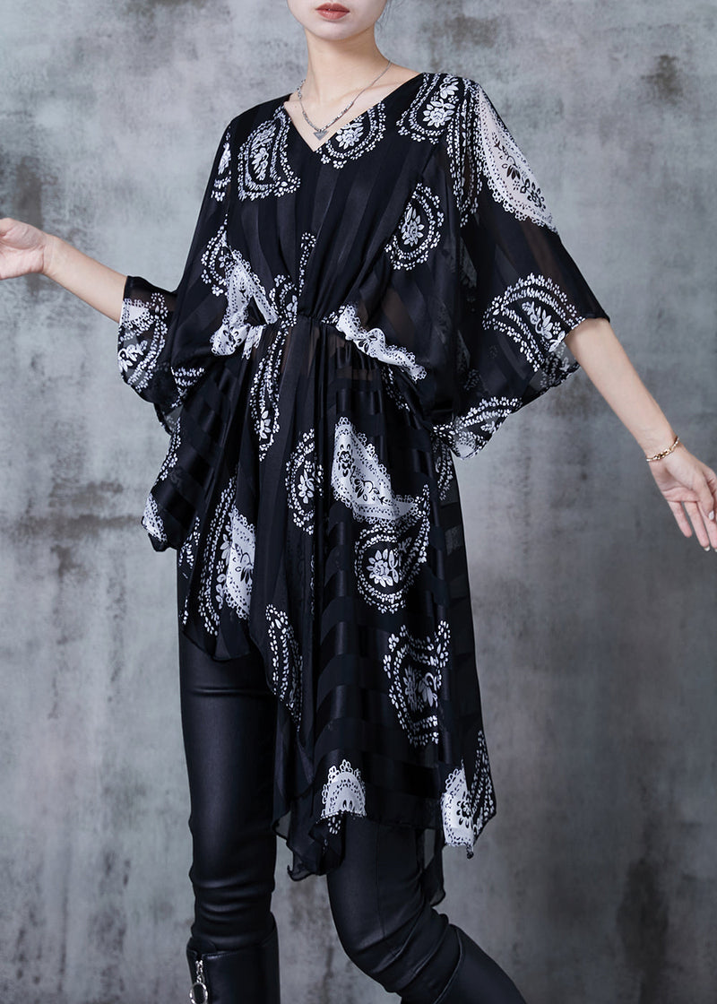 Black Asymmetrical Print Chiffon Shirt Summer