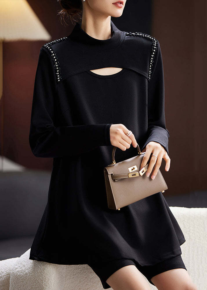 Black Zircon Hollow Out Cotton T Shirts Long Sleeve