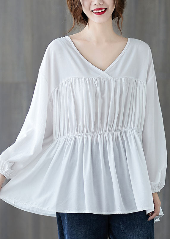 White Loose V Neck Wrinkled Fall Long Sleeve Shirt Top