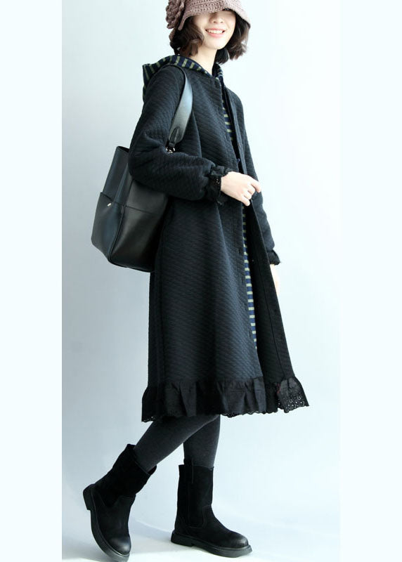 Black Ruffled Button Cotton Trench Coats Spring