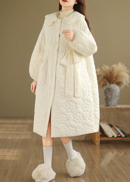 Beige Peter Pan Collar Fine Cotton Filled Coat Lantern Sleeve