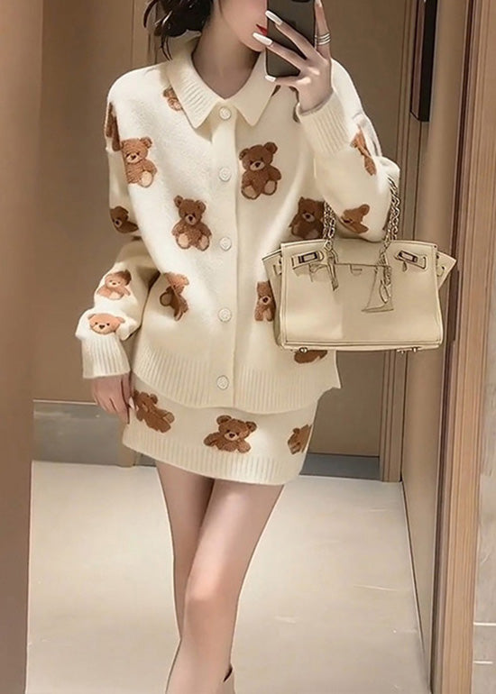 Winter White Cartoon Jacquard Knitted Sweater and Skirt Set