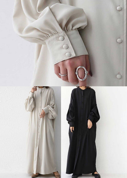 Vogue Black O-neck Button Maxi Dress Long Sleeve