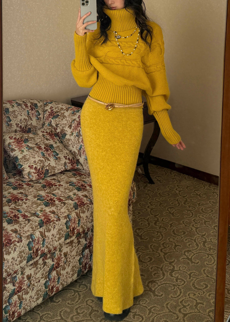 Yellow Turtleneck Patchwork Cotton Knit Sweater and Maxi Skirts Two Piece Set Fall