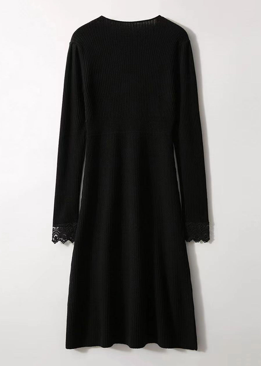 Black V Neck Lace Patchwork Woolen Dress Fall