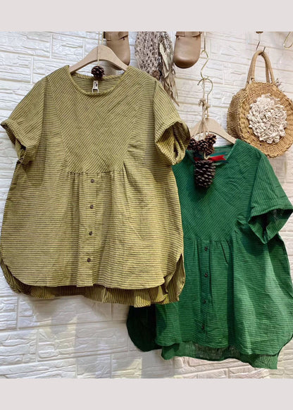 Green Patchwork Striped Linen Top Short Sleeve
