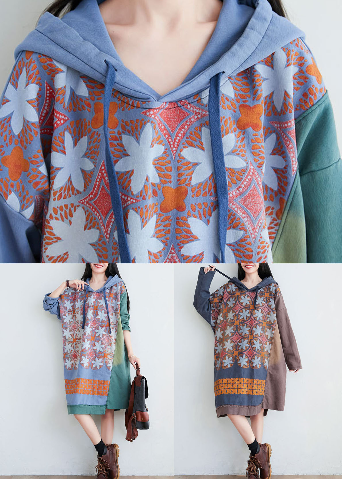 Green Hooded Print Cotton Mid Dresses Spring