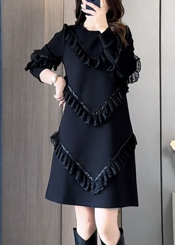 Black O-neck Ruffled Patchwork Mid Dress Fall