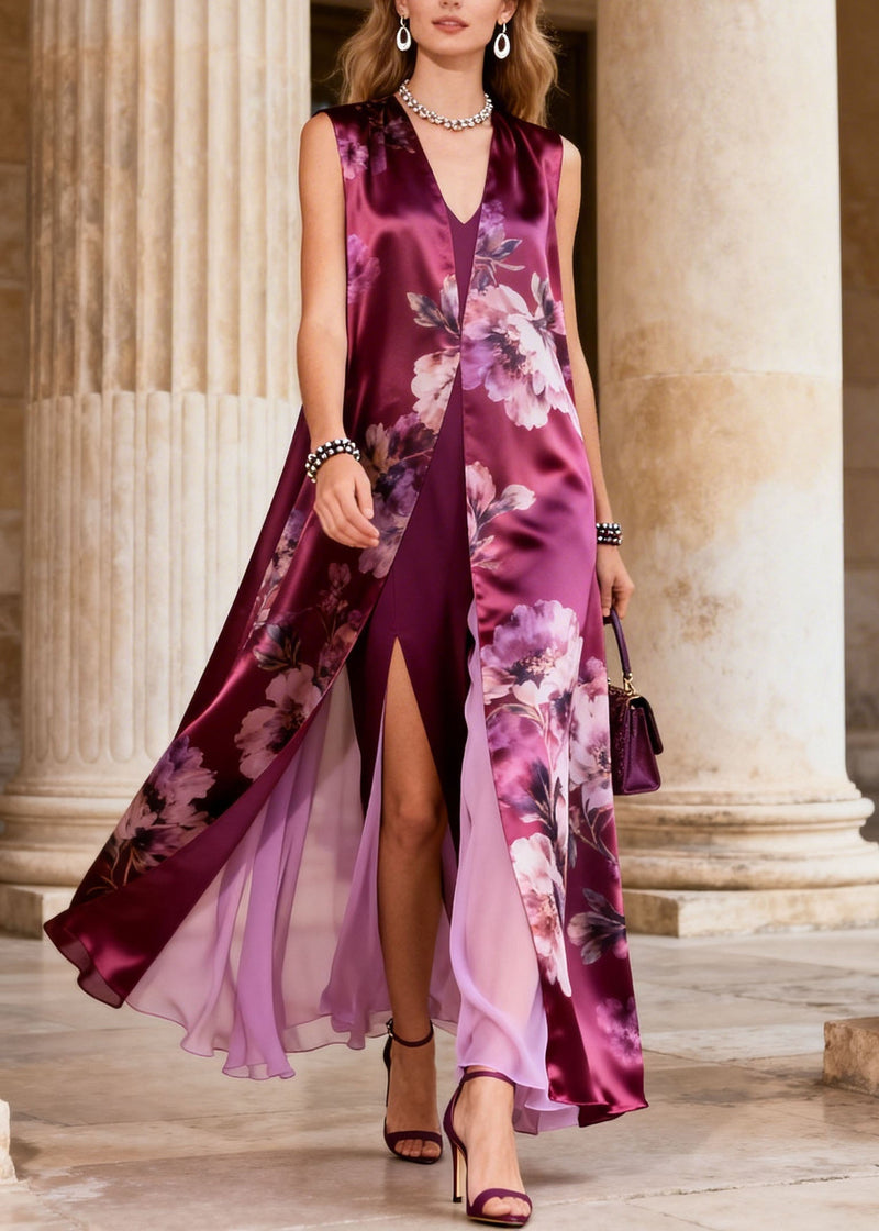 Art Purple V Neck Print False Two Pieces Chiffon Dresses Sleeveless