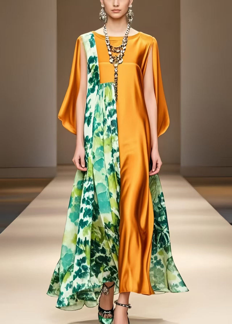 Orange Asymmetrical Print Silk Robe Dresses Cloak Sleeves