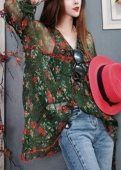 Green Print Lace Up Thin Chiffon Blouses Summer