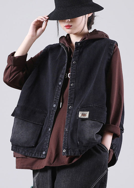 Black Stand Collar Pockets Button Fall Sleeveless Waistcoat
