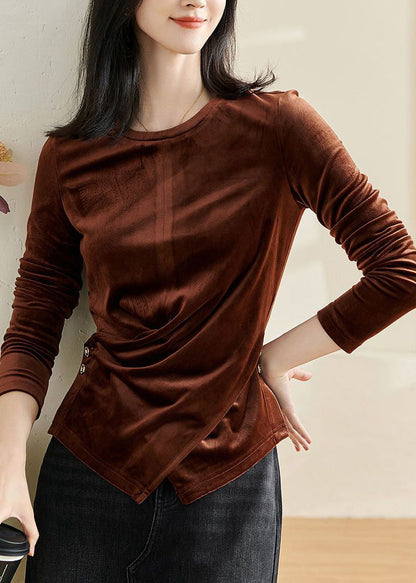 Fitted Brown O-neck Asymmetrical Silk Velour Shirt Long Sleeve