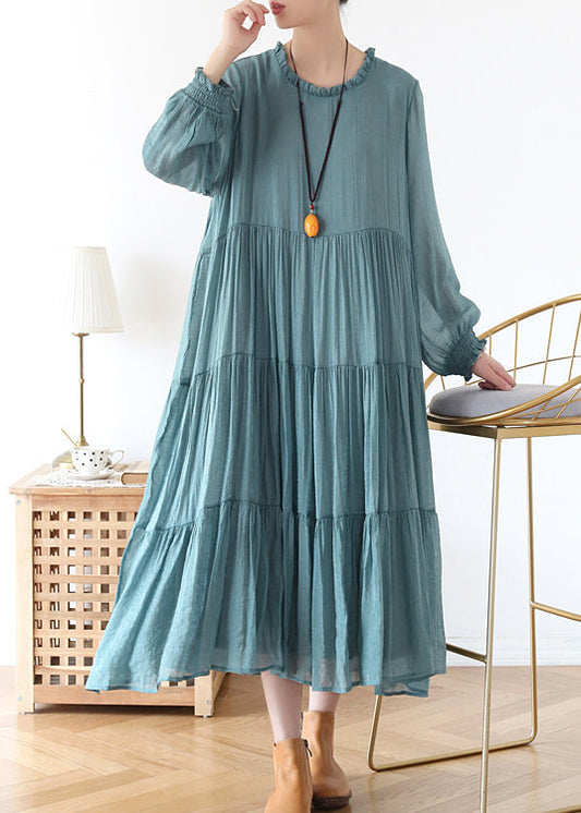 Blue O-neck Ruffled Wrinkled Vacation Dress Lantern Sleeve