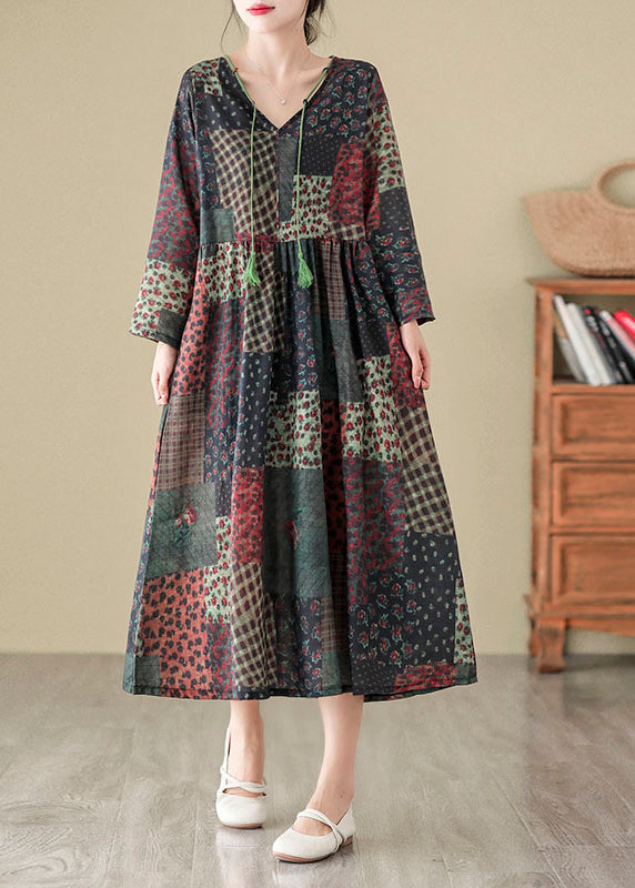 V Neck Print Patchwork Cotton Long Dress Fall