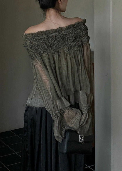 French Slash Neck Ruffled Patchwork Silk Cotton Top Spring