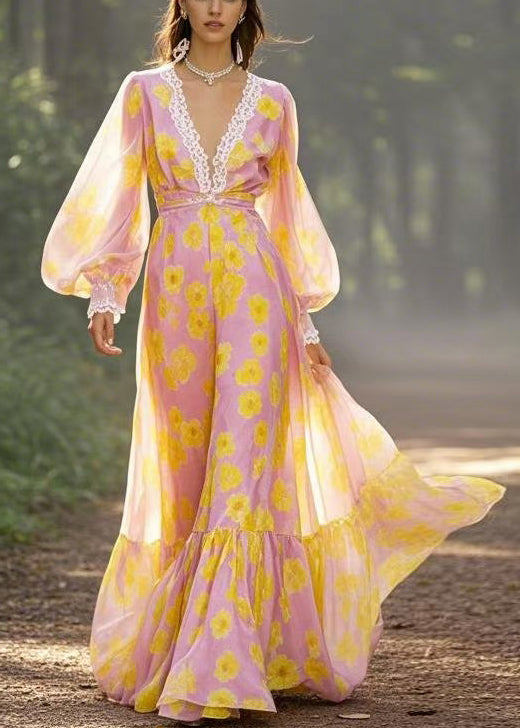 Yellow V Neck Print Chiffon Maxi Dresses Spring