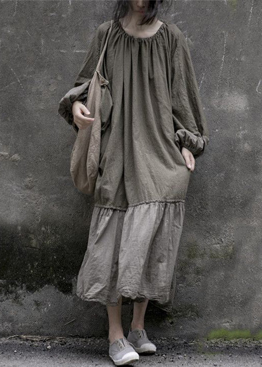 Grey Lace Up Wrinkled Patchwork Cotton Long Dresses Spring