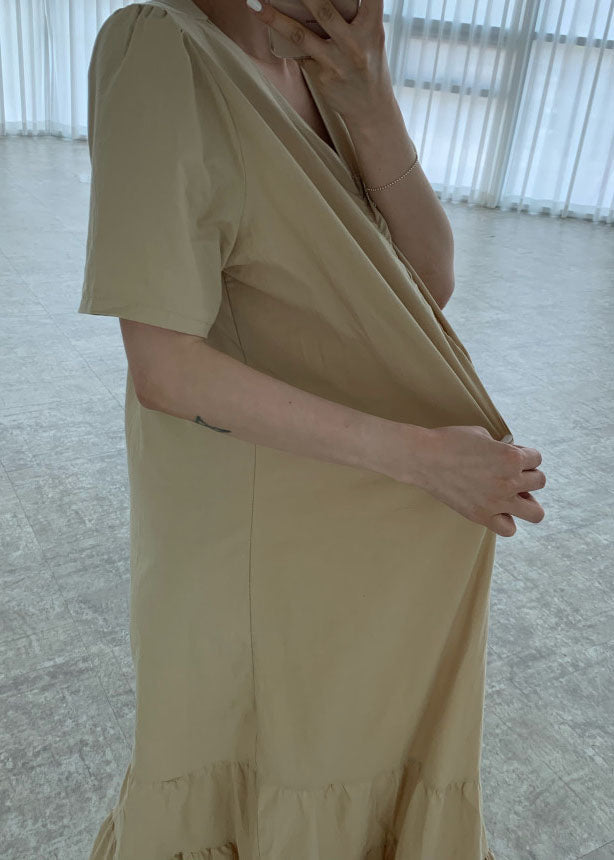 Khaki Wrinkled Cotton Vacation Dresses Puff Sleeve