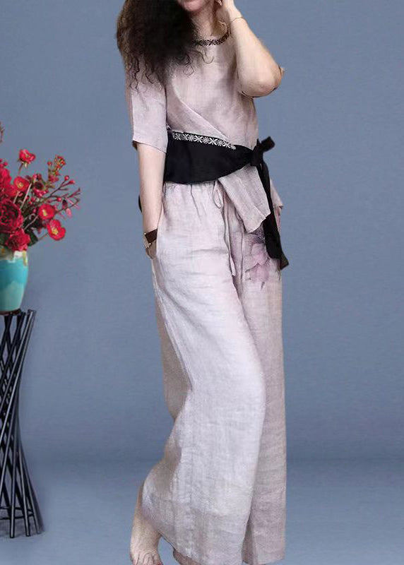 Original Printing Lace Up Top and Pants Two-piece Set for Summer