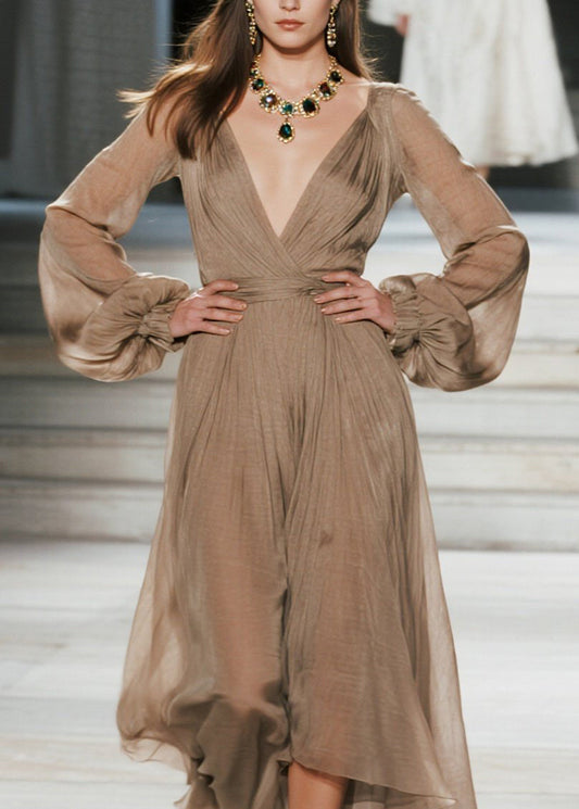V Neck Wrinkled Patchwork Cotton Maxi Dresses Fall
