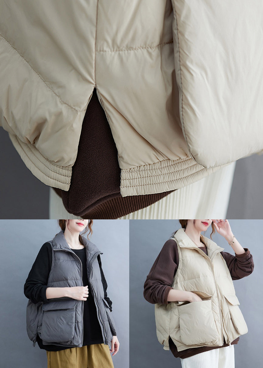 Beige Pockets Patchwork Fine Cotton Filled Vest Zip Up Sleeveless