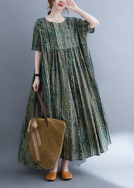 Green O-neck Cinched Print Extra Large Hem Long Dresses Short Sleeve