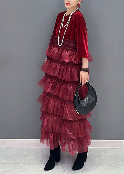 Organic Red O-neck Tulle Patchwork Silk Velour Maxi Dress Bracelet Sleeve