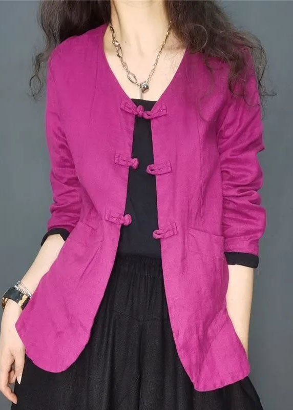 Rose Oriental Button Pockets Linen Coats Spring