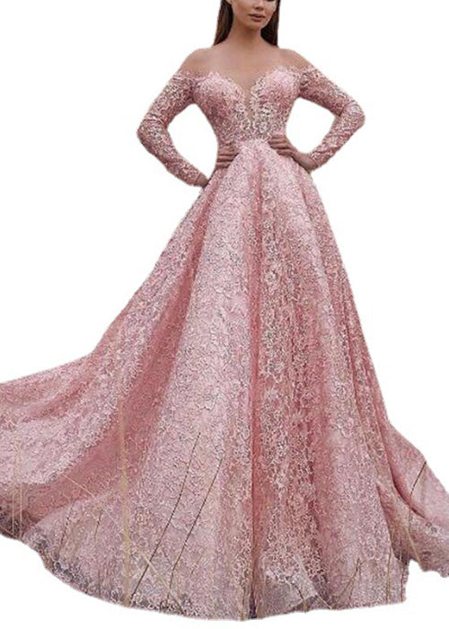 Pink Slash Neck Lace Ankle Dress Spring