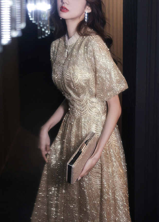 Gold Ruffled Nail Bead Long Dresses Puff Sleeve