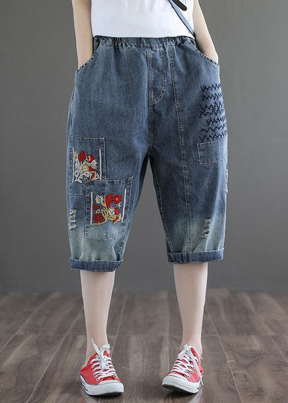 Denim Blue Hole Embroideried Pockets Cotton Harem Pants Summer