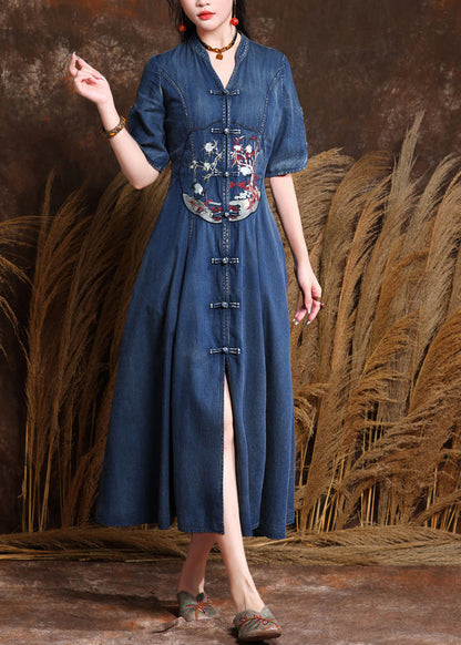 Organic Denim Blue V Neck Embroidered Patchwork Long Dresses Short Sleeve Summer