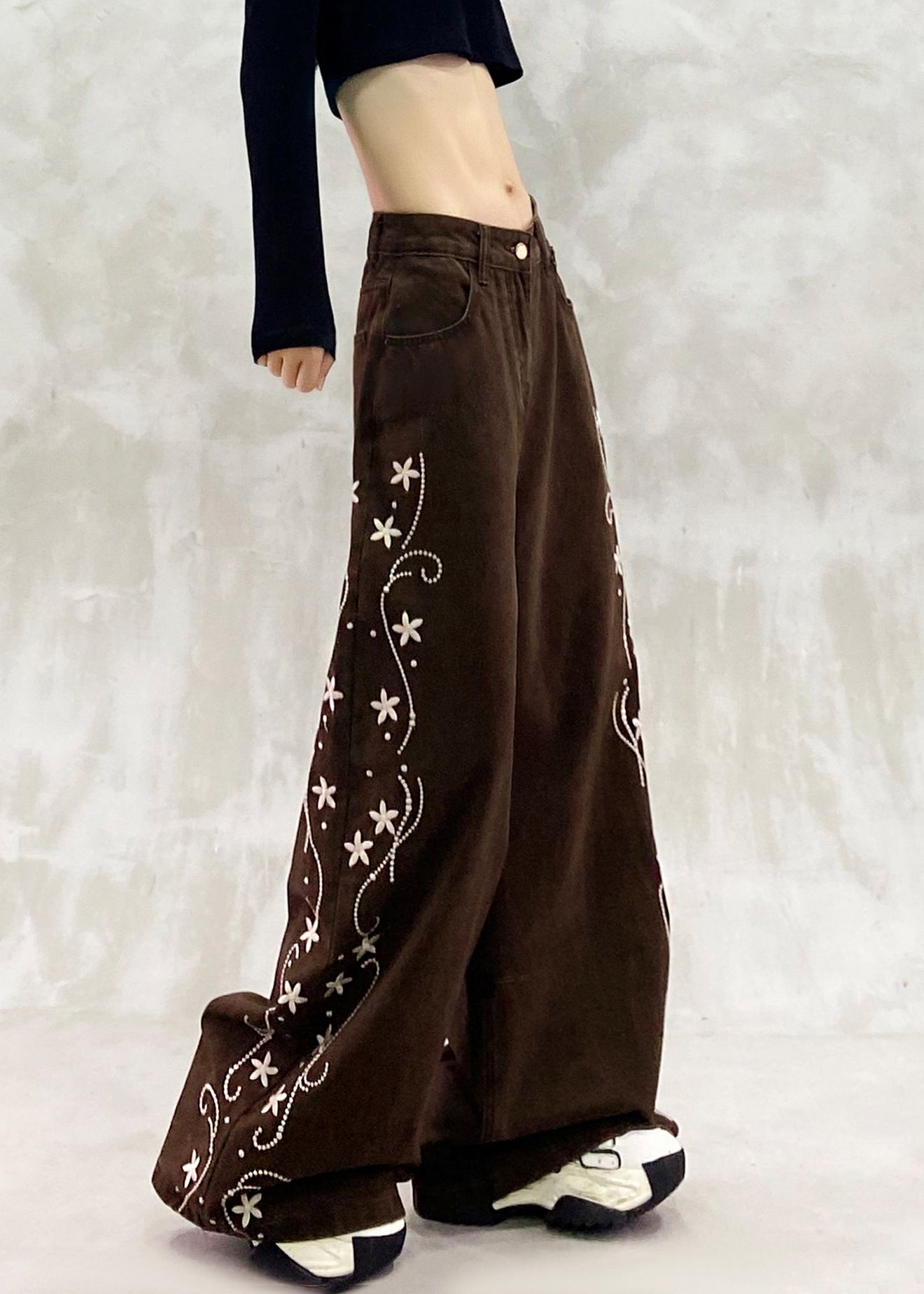 Brown Oversized Print Denim Wide Leg Pants Spring