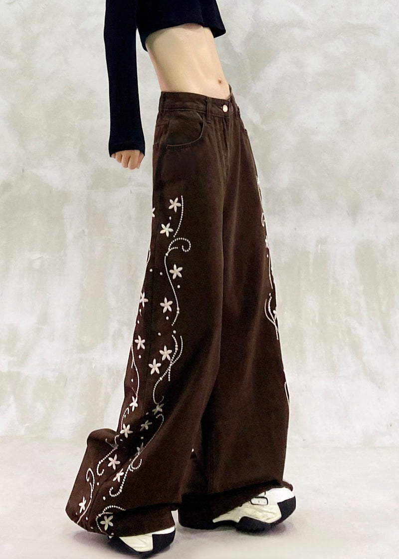 Brown Oversized Print Denim Wide Leg Pants Spring