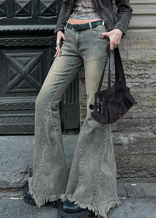 Natural Patchwork Pockets Denim Flared Trousers Spring