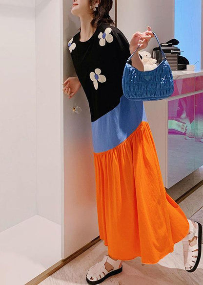 Simple Black Patchwork Print Summer Holiday Dress Short Sleeve