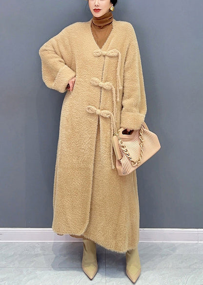 Pink V Neck Button Woolen Trench Coat Long Sleeve