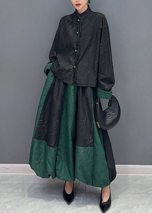 Black Green Stand Collar Tasseled Patchwork Cotton Two Piece Set Fall