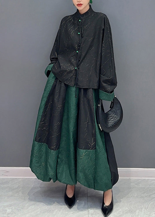 Black Green Stand Collar Tasseled Patchwork Cotton Two Piece Set Fall